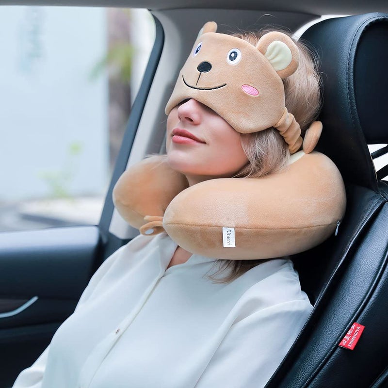 Umerci Travel Pillow, Memory Foam Neck Pillow with 360-Degree Head Support Comfortable Airplane Pillow with Storage Bag Lightweight Traveling Pillow for Sleeping, Car, Train, Bus and Home Use (Bear) - Image 2